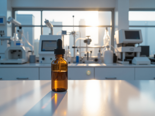 Water-based ink resin product in laboratory bottle with clear liquid and scientific equipment background